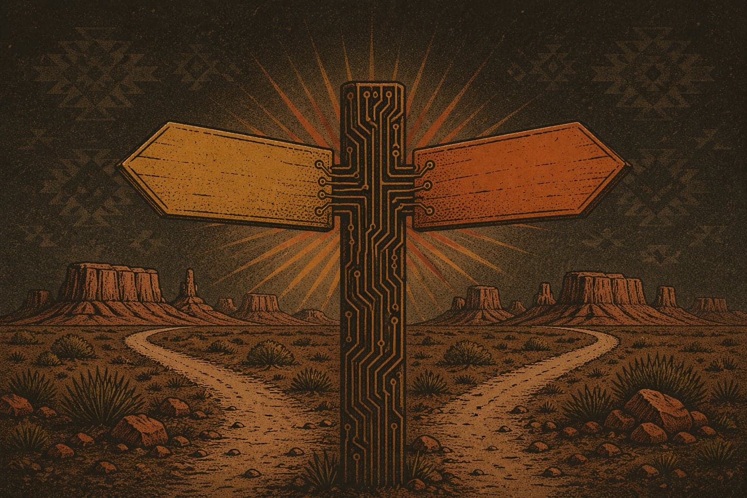 A weathered trail signpost with two arrow-boards diverging (ochre left, terracotta right) above a forking trail into the mesa, the post built from circuit-trace geometry. The decision-at-the-trail metaphor for conditional branching.
