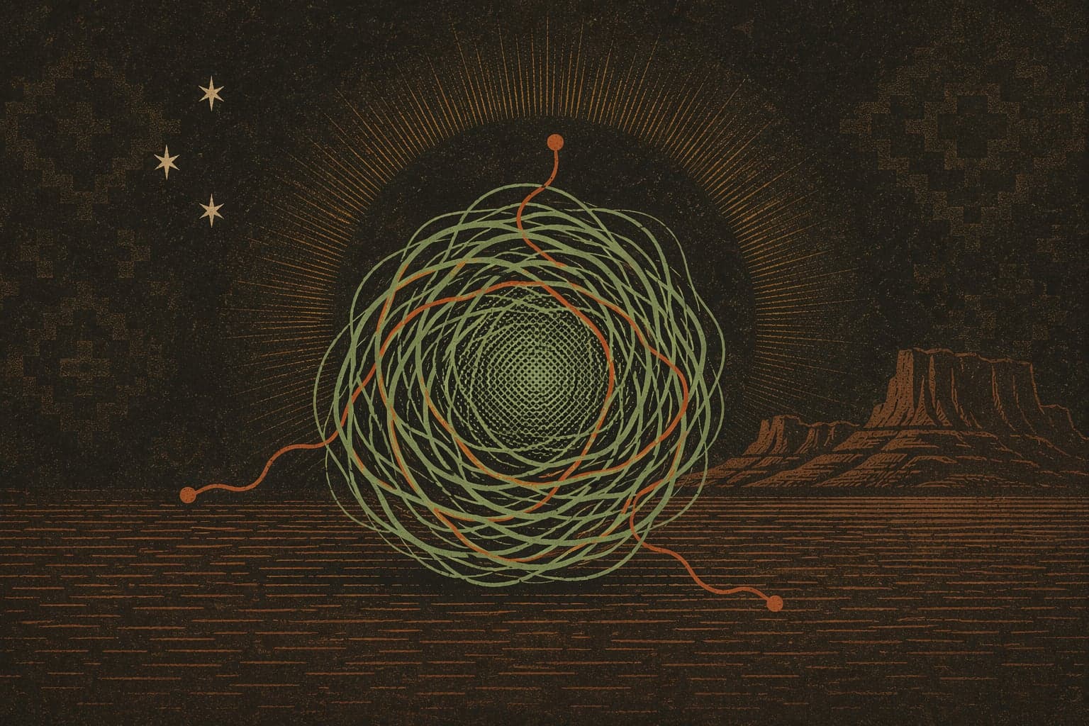 A tumbleweed made of concentric sage rings with terracotta trace lines wound through, drifting across a horizon-hatch ground plane, the loop-the-orbit metaphor for iteration and parallel fan-out.