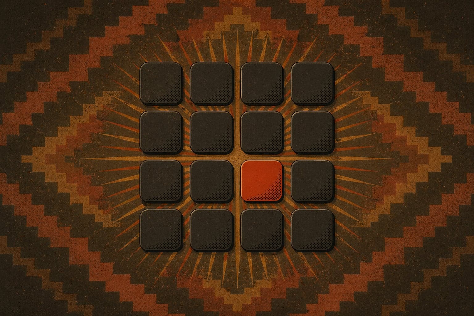 A top-down 4×4 matte-black key grid floating above a Pendleton weave pattern, one focal key blooming terracotta with rayon sunburst halation. The tactile-control-surface meets cosmic-American-textile metaphor for Stream Deck native sync.